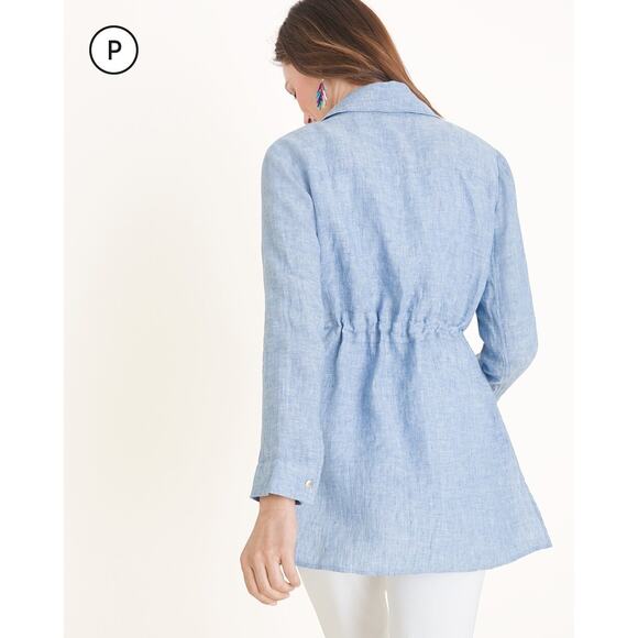 Chico’s Cross Dye Blue Linen Drawstring Utility Jacket Size L - Picture 2 of 11